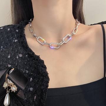 銀色閃鉆輕奢項鏈女個性時尚小眾設計感鎖骨鏈潮酷嘻哈百搭勁鏈