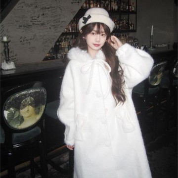 日系溫柔風白色連帽毛呢外套女2025冬季高級感中長款軟糯呢子大衣