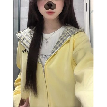 短版百搭帽T 衛衣 上衣 外套 帽T 韓系chic奶黃格子拼接連帽衛衣女秋季小個子短款百搭開衫拉鍊外套