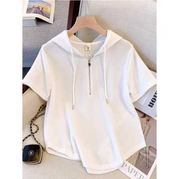 大碼女裝遮肚上衣藏肉2025夏裝新款胖mm顯瘦減齡白色連帽短袖T恤