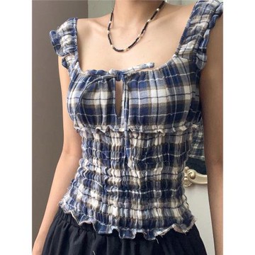 ROCKMORE【韓系復古】格子拼接系帶鏤空打攬褶皺背心藍色修身上衣