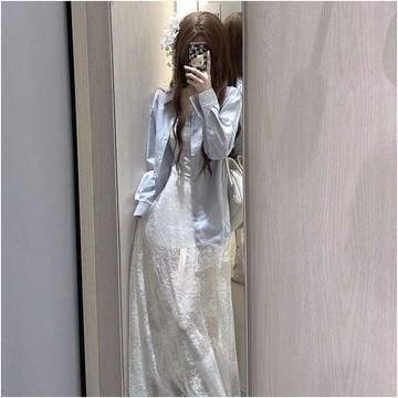 秋季時尚簡約寬鬆長袖刺繡襯衫設計感蕾絲拼接甜美小白裙純色