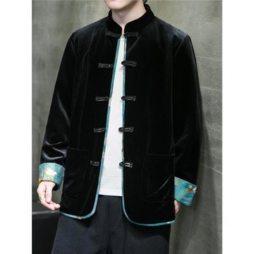 秋季中國風男裝復古金絲絨唐裝青年平絨中式夾克寬松大碼漢服外套