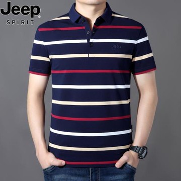 JEEP短袖T恤男夏季新款純棉翻領半袖商務休閑polo衫條紋體恤上衣