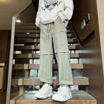 ✨一褲兩穿✨ 設計感 休閒褲 工裝褲男 抗撕裂可拆長褲 長褲變短褲 寬鬆落地 工裝 束口 休閒長褲 工作褲