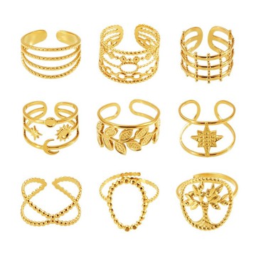 宏雲Hongyun- Xyx-高品質不掉色-新款不鏽鋼幾何麥穗開口戒指女ins小眾設計食指戒組合