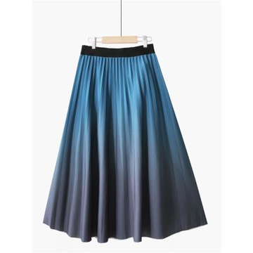 秋冬韓版時尚撞色優雅漸變雪紡法式大擺百褶a型顯瘦中長款半身裙