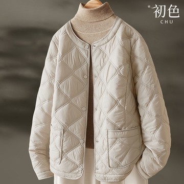 初色 小香風純色口袋絎線單排釦按扣圓領長袖加厚棉服外套女外套-灰色-38979(M-3XL可選)