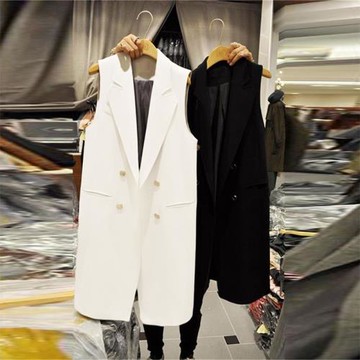 大碼西裝馬夾黑色坎肩西服背心長款新款白色中長款馬甲女春秋洋氣