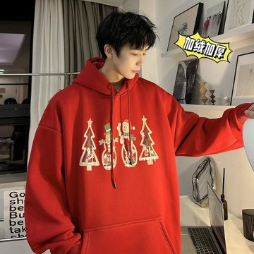 圣誕衛衣情侶秋冬款加絨加厚連帽衫大碼oversize本命年紅色外套男