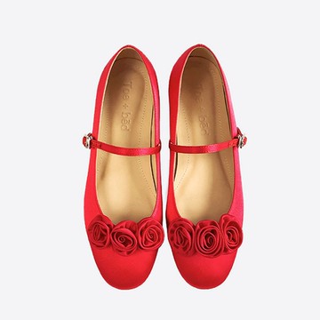 玫瑰花朵絲綢瑪麗珍鞋 | 西班牙原創婚鞋 | 平底中跟高跟