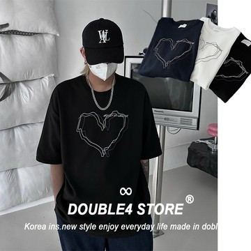 【DOUBLE4】正韓 OVER SIZE 挺版 愛心心電圖 太空棉 韓系 情侶 休閒  落肩 寬鬆 短袖Ｔ36477