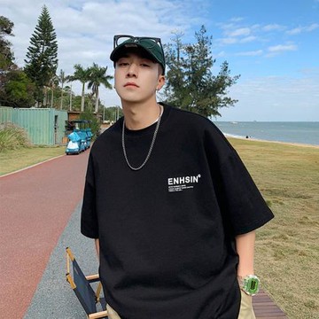 夏季潮流短袖t恤男港風寬松字母印花上衣韓版圓領百搭簡約體恤衫