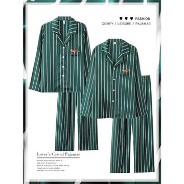 情侶睡衣女春秋冰絲家居服夏季男士長袖加大碼仿真絲綢墨綠色套裝