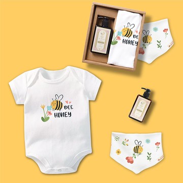 BEE哈尼小蜜蜂 短袖包屁衣 三角巾沐浴露禮盒 寶寶 嬰兒 滿月