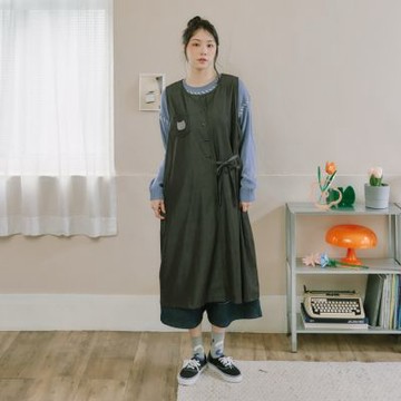 【Dailo】條絨貓頭口袋仿牛仔抽繩洋裝 深藍 黑 杏
