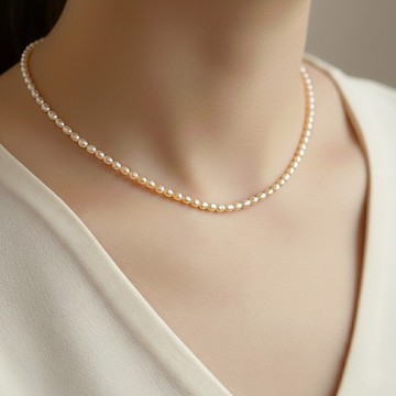 蜜桃粉橘 纖細米粒淡水珍珠 14Kgf 包金 可調整項鍊 | 可改為純銀