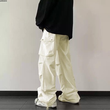 【台灣出貨】休閒褲男 👖 美式夏季工裝褲男女闊腿顯瘦休閒褲子高街潮流寬鬆直筒薄款長褲 寬鬆長褲 工裝褲男 流行褲子 美式