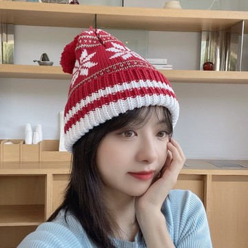 帽子專賣店【韓國進口‧正韓‧韓製─ 冬款聖誕雪花毛球毛帽/毛帽/針織帽/帽子  】紅色現貨 POM