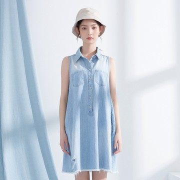 【ERSS】女裝 背心裙 牛仔洋裝 連身裙夏天 削肩 雙口袋 純棉 淺藍【S90032】