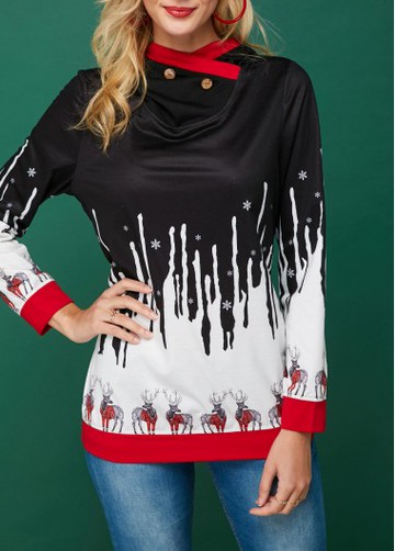 Long Sleeve Button Detail Elk Print Hoodie