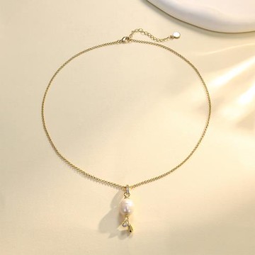 ANGEL 巴洛克珍珠水滴型晶鑽可調式項鍊(金色)