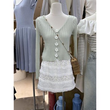 韓國東大門2025年秋季新款韓版修身v領短款花朵扣甜美百搭針織衫