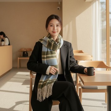 【梨花HaNA】冬日溫柔光影 格紋暖絨大圍巾 溫柔奶油色系冬日文青