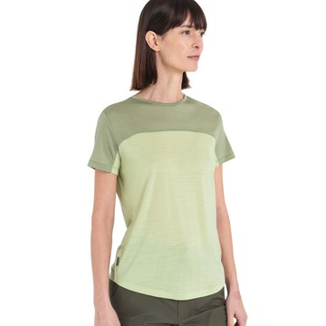 【紐西蘭Icebreaker】女 Sphere III Cool-Lite 圓領短袖上衣(色塊拼接)-150-草綠/青蘋果綠