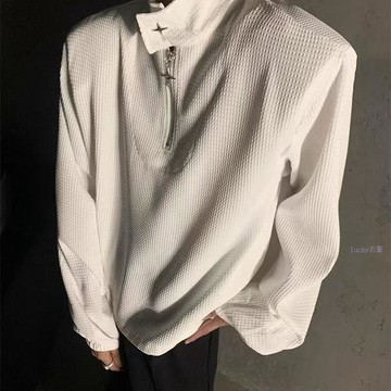 🔥熱銷男装🔥2025華夫格立領半拉鍊衛衣ins小衆設計感金屬拉鍊寬鬆套頭春外套