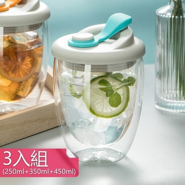 荷生活 防潑灑雙層高硼矽玻璃咖啡杯 休閒風矽膠蓋隔熱玻璃杯-三尺寸各一入