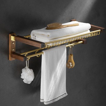 限時下殺 免運/可開票 浴巾架衛生間免打孔毛巾架子浴室置物架壁掛實木金色收納掛架輕奢
