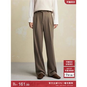 初棉及簡松弛感斜紋仿醋單褶西褲女24冬季寬松直筒休閑長褲