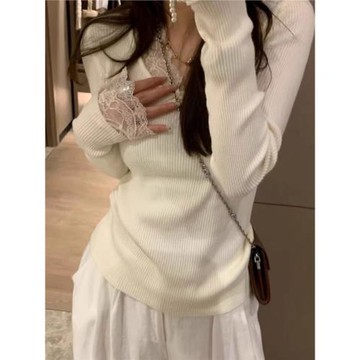 法式白色蕾絲v領針織打底衫女2024秋冬季修身長袖T恤內搭正肩上衣