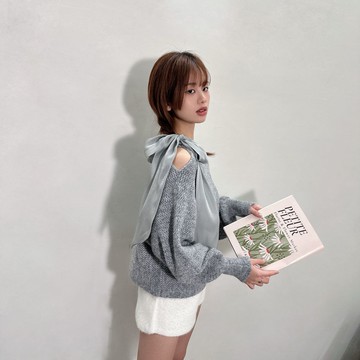 肩綁蝴蝶結寬鬆毛衣-灰【KT224787】