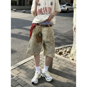 夏季淺卡其復古做舊臟染破洞闊腿五分褲男潮款雙腰頭吻印牛仔短褲