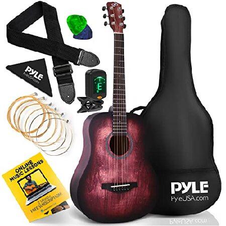 Pyle Acoustic Guitar Starter Pack-34” Junior Size Linden Wood Red Burst Design w Accessories Case Bag Steel Strings, Nylon Strap, Tuner, Picks, f