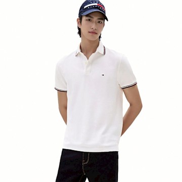 TOMMY 熱銷滾邊刺繡Logo短袖Polo衫-白色