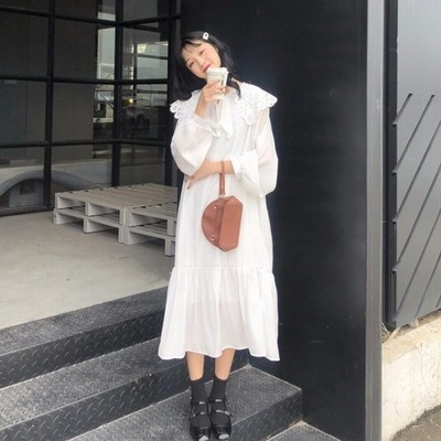 ワンピース レディース オシャレ レース フリル ロング丈ワンピ ホワイト 黒 長袖ワンピース 春 コーデ 通販 Lineポイント最大get Lineショッピング