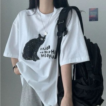 Vuja de 純棉 t恤 短袖上衣女 貓咪印花 T恤 韓國上衣 oversize T恤 寬鬆上衣 ins風 潮流衣服