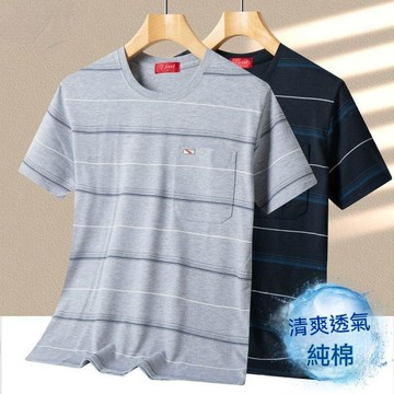 🔥2026 新款 格紋純棉圓領短袖 T 恤中年男士 寬鬆柔軟半袖汗衫 透氣不悶熱 爸爸爺爺居家外出兩穿夏裝