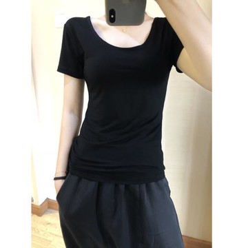 2024夏季韓版前后大U領百搭短袖T恤黑白上衣T恤修身莫代爾打底衫