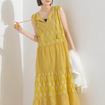 日本 OMNES - 100%印度棉 奢華印花流蘇無袖洋裝-黃