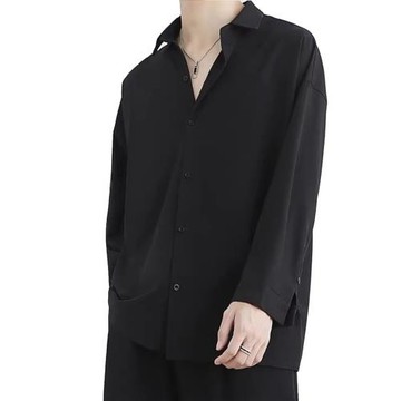 潮牌痞帥外套男士秋冬加絨純色內搭白襯衫高街上衣服黑色長袖襯衣
