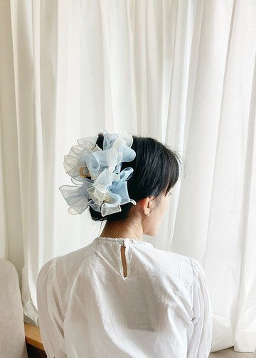 【純手工】金屬 藍白色 蝴蝶結 鯊魚夾 髮夾【啞光】