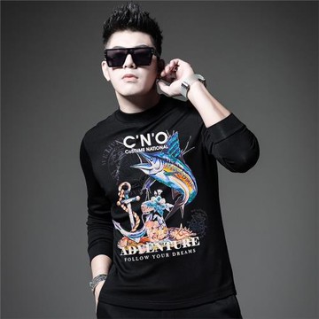 輕奢歐貨男士半高領長袖T恤秋季新款劍魚印花打底衫休閑衛衣男裝