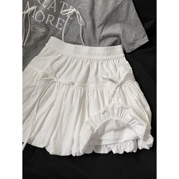 [台灣發貨】小衆設計感蝴蝶結花苞半身裙女小個子高腰百搭顯瘦A字蓬蓬短裙子 半身裙 白色裙子 蛋糕裙 蓬蓬短裙 JK短裙