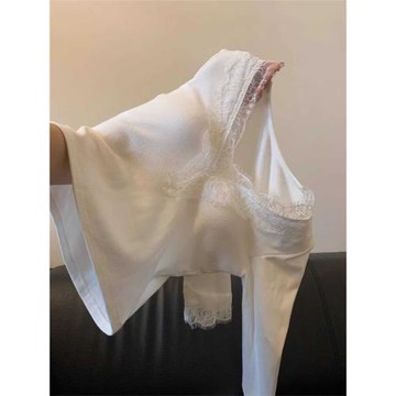 2025春秋白色蕾絲V領內搭打底衫女春季長袖t恤帶胸墊收腰純欲上衣