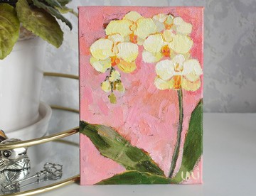 原始油畫 15x10公分 黃色蘭花 粉黃色花卉靜物花園