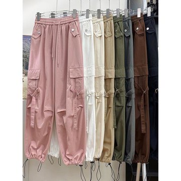 速干薄款粉色復古小個子工裝褲